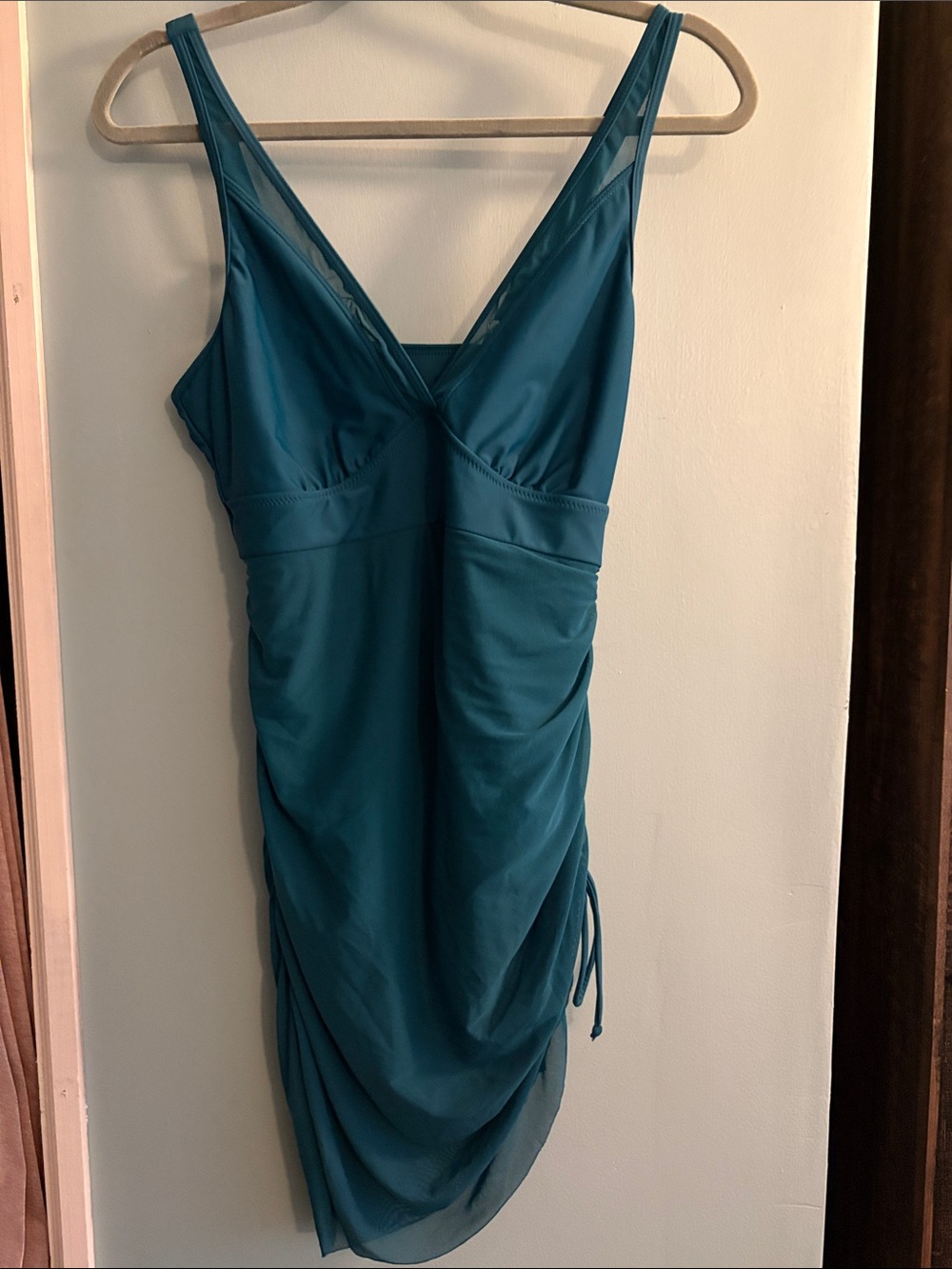 Teal V-Neck One-Piece Swimdress with Side Ruching